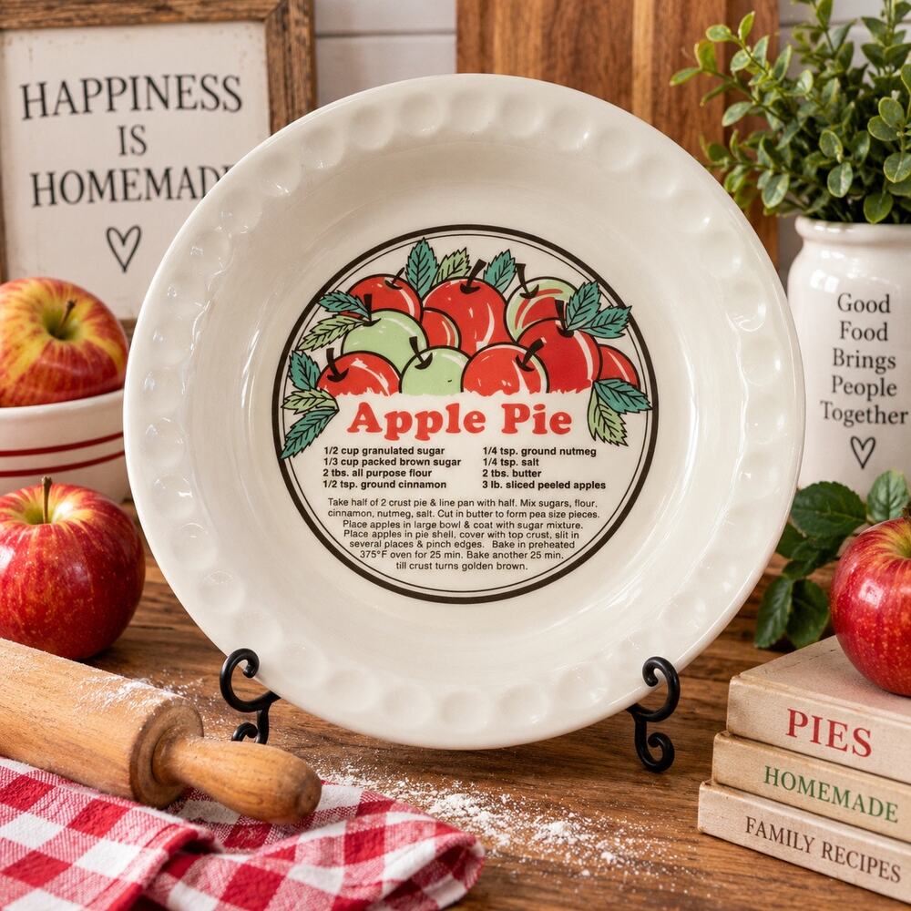 Vintage Sunnycraft Sunstone Apple Pie Recipe Baker 11” Ceramic Pie Dish #11011